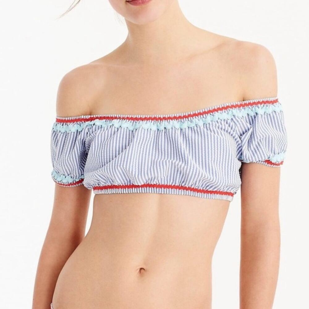 J. Crew Womens Blue and Red Seersucker Rickrack Off Shoulder Bikini Top L
